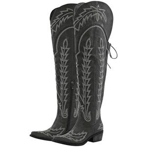 Women Black Synthetic Cowgirl Thigh High Wide Calf Embroidered Western Boots
